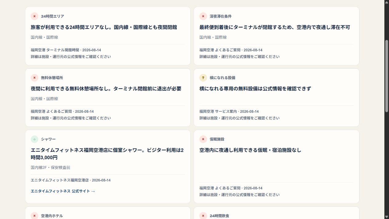 福岡空港の詳細画面。24時間エリア、休憩場所、シャワー、仮眠施設について○・×・？で確認できる